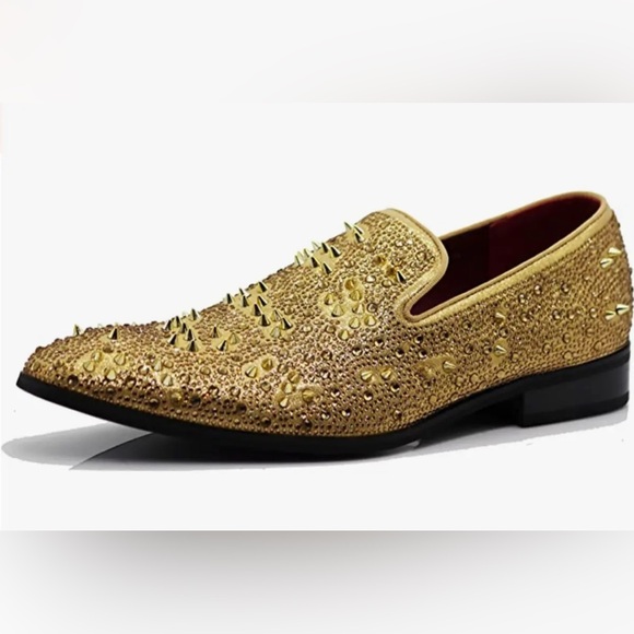 Men's Gold Spike Rhinestone Classic Smoking Dress Fashion Loafers Slip Ons 9.5 - Picture 1 of 11